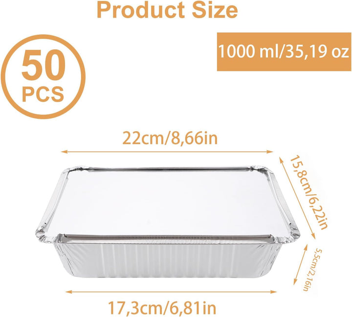 WOPPLXY 50 Stück Aluschalen mit Deckel, 1000ml Aluschalen Grill, 21,5 x 15 x 5cm Alu Grillschalen fü