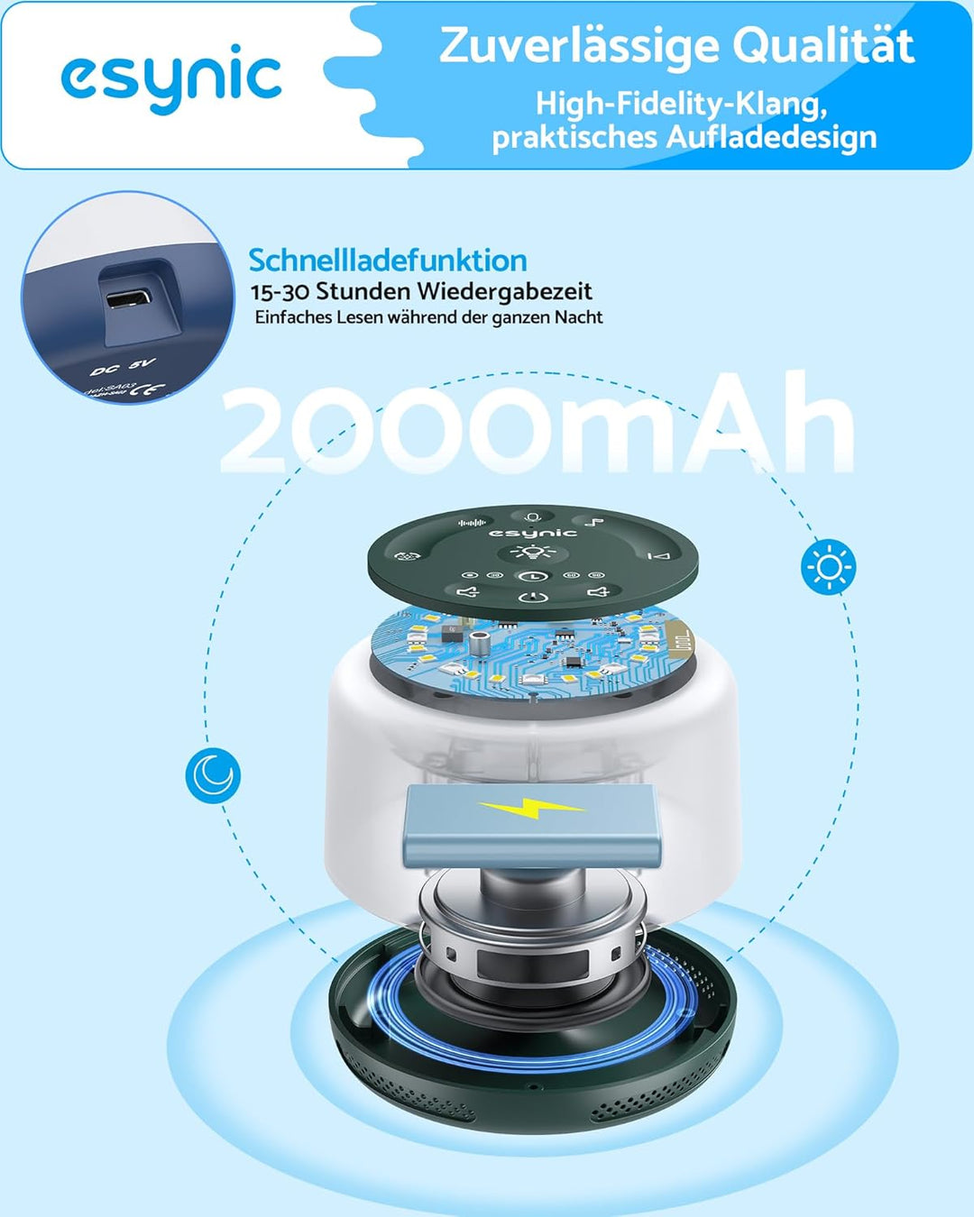 eSynic White Noise Machine–30 Klangoptionen, Schlafhilfe & Meditationshilfe, 7 LED-Farblichter, Atem