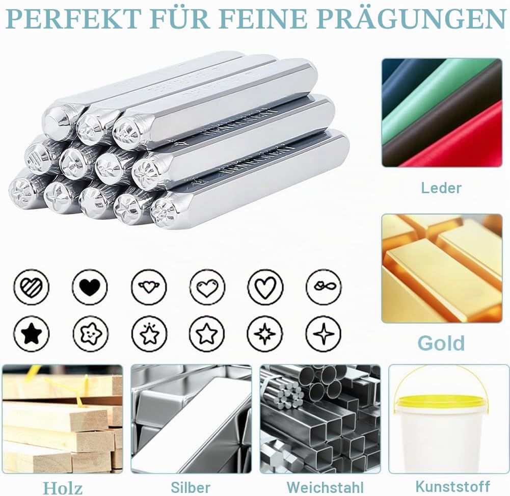 BENECREAT 12 Stück 3mm Metallstempel-Set, Herz-Stern-Muster Design Schnitzerei Prägestempel für Meta