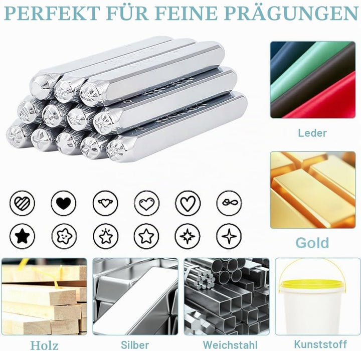 BENECREAT 12 Stück 3mm Metallstempel-Set, Herz-Stern-Muster Design Schnitzerei Prägestempel für Meta
