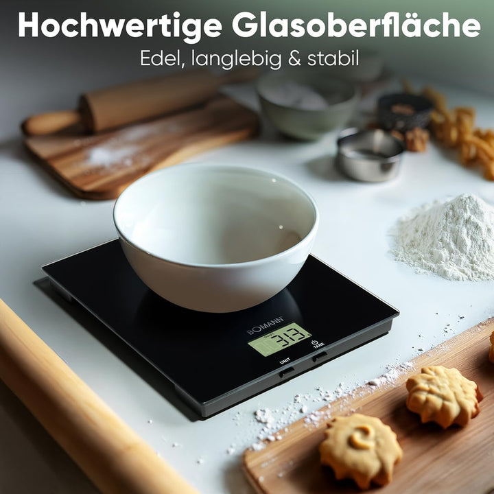 Bomann Küchenwaage digital | hohe Präzision | 1g Schritte | bis zu 5kg | Zuwiegefunktion | stabiles