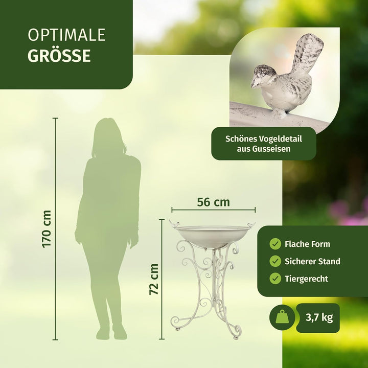 Moritz Vogeltränke XL Vogelbad weiss mit kleinem Vogel auf der Wasserschale Höhe 72cm stehend Vogelb
