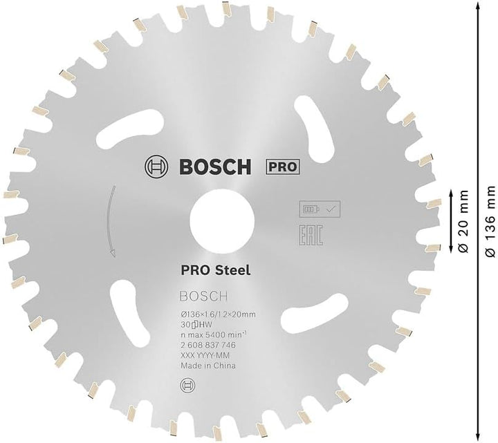Bosch Professional 1x Kreissägeblatt Standard for Steel (Stahl, Sägeblatt Ø 136 x 20 x 1,6 mm, 30 Zä