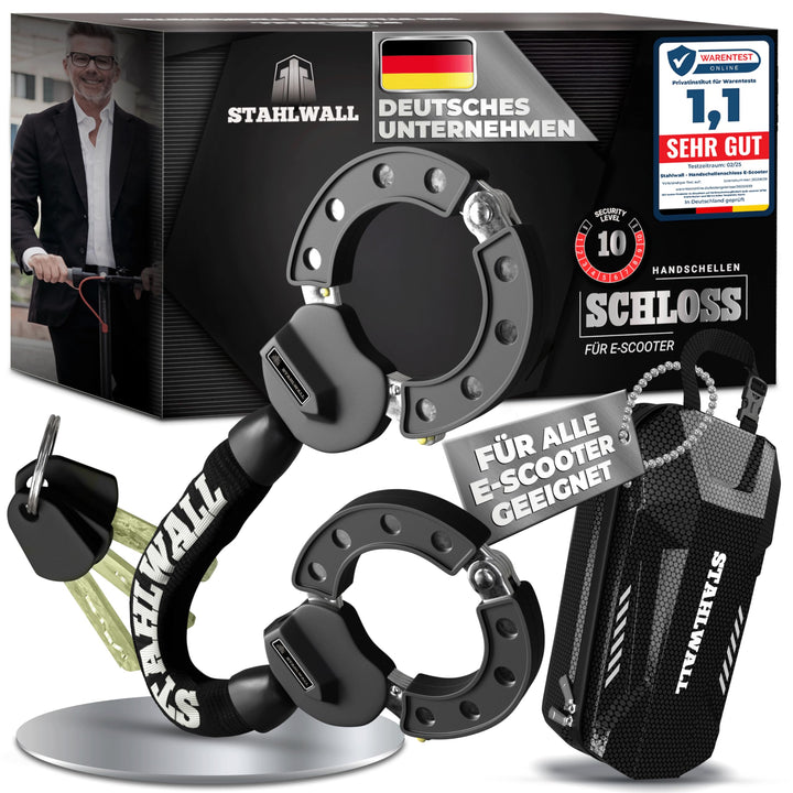 E Scooter Schloss mit Tasche - maximale Sicherheit, feuergehärteter Stahl, Handschellenschloss für E