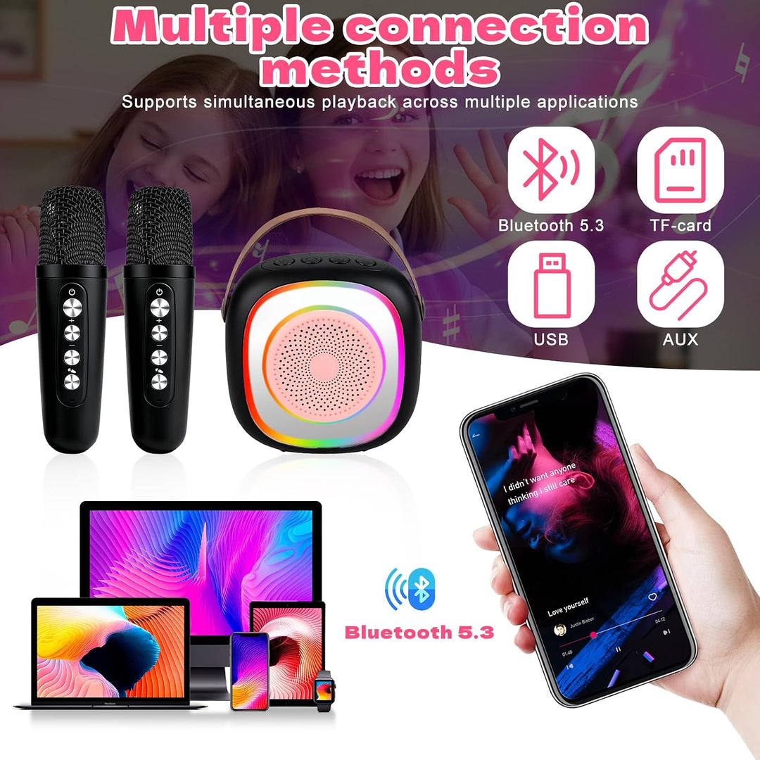 Karaoke Maschine für Kinder Erwachsene, Bluetooth Karaoke Lautsprecher mit 2 Kabellosen Mikrofon, Mi