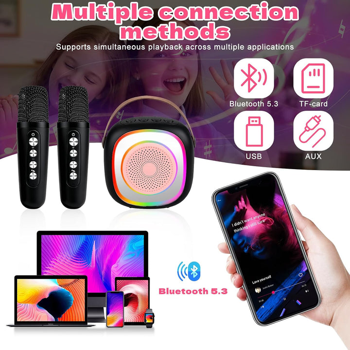 Karaoke Maschine für Kinder Erwachsene, Bluetooth Karaoke Lautsprecher mit 2 Kabellosen Mikrofon, Mi