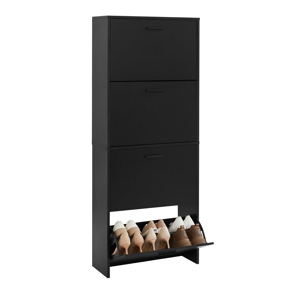 CASABEL Schuhschrank Schmal für 24Paar Schuhe, Moderner Schuhschrank Holz mit 4Klappen, Platzsparend