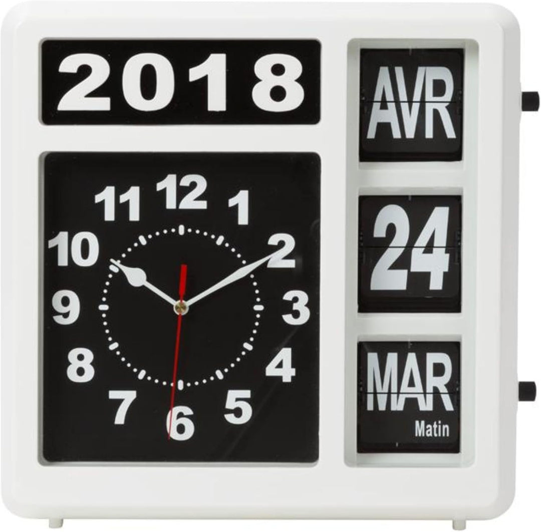 Perel Wanduhr mit Klappkalender, rechteckig, analog, 31 x 31 cm, Französisches Modell 31 x 31 cm Wei