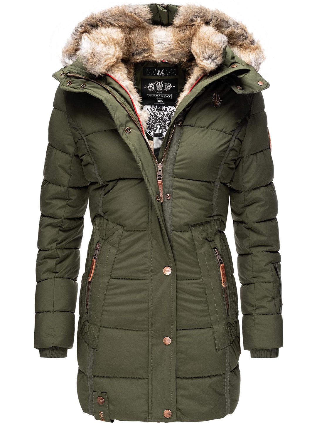 MARIKOO Damen Warmer Winter Steppmantel mit Kapuze Lieblings Jacke XS-XXL XS Olive, XS Olive