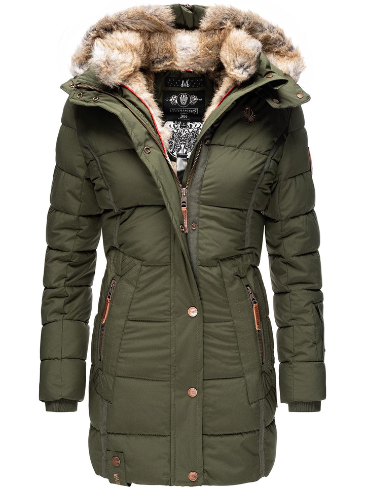 MARIKOO Damen Warmer Winter Steppmantel mit Kapuze Lieblings Jacke XS-XXL XS Olive, XS Olive