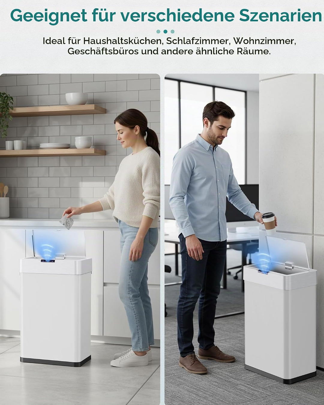 LIFERUN Mülleimer mit Sensor, Mülleimer Küche 50 Liter, Elektrisch Deckel mit Klemmring für Müllbeut