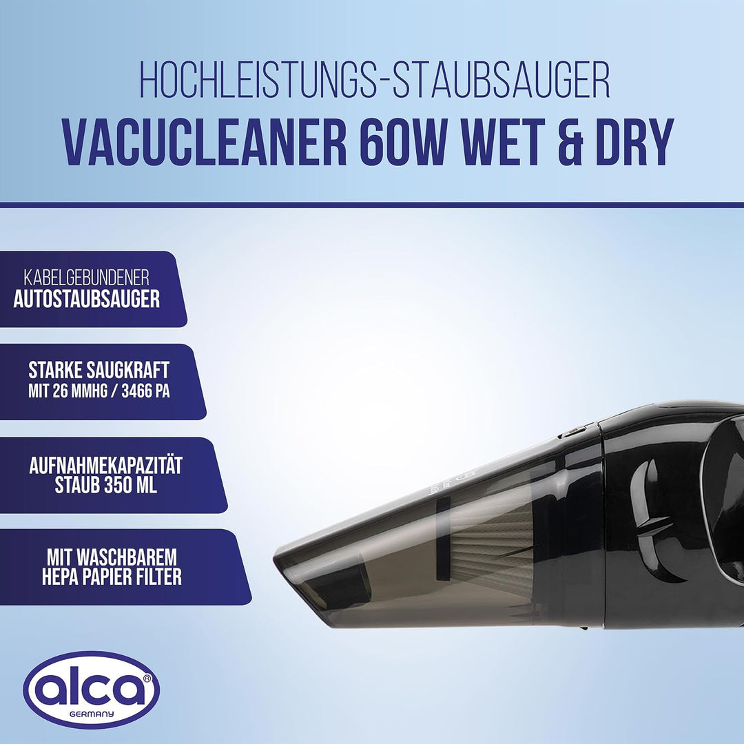 alca® Autostaubsauger 12V NASS/TROCKEN tragbarer Handstaubsauger 12 V waschbarer HEPA Filter