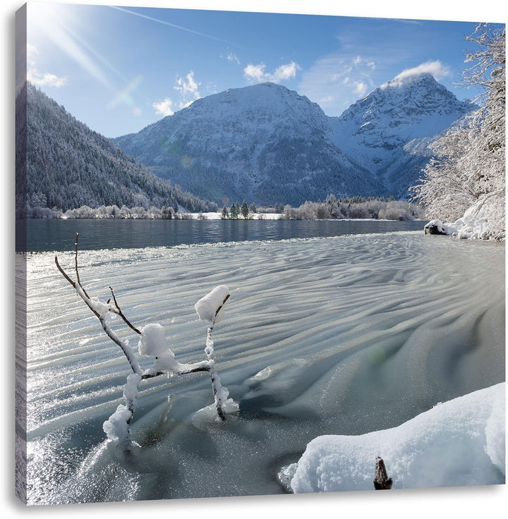 Winterlandschaft See, Format: 70x70 auf Leinwand, XXL riesige Bilder fertig gerahmt mit Keilrahmen,