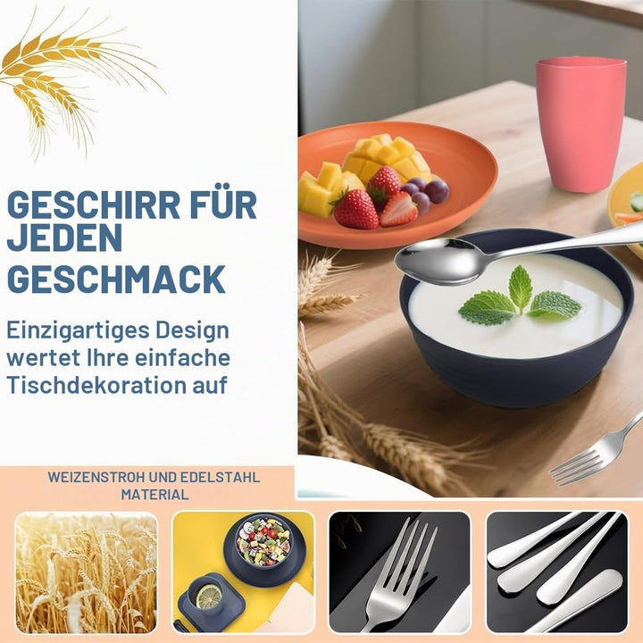 Camping Geschirr Set,Plastikgeschirr mit Edelstahl Campingbesteck,Unzerbrechliches Geschirr Set,Leic