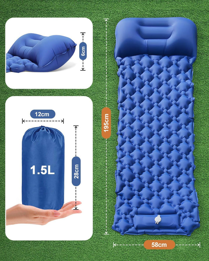 Isomatte Camping, Ultraleicht Camping Luftmatratze mit Fusspumpe & Kissen, Kompakte Wasserdicht Aufb