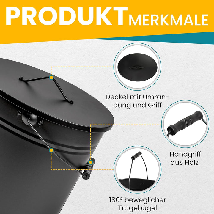 ORA-TEC XL Ascheeimer mit Deckel - Kohleeimer 24 Liter aus Stahlblech im Schwarz - Kamineimer mit De