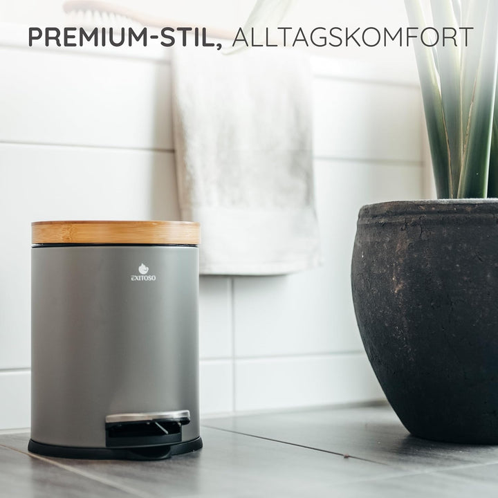 Exitoso 5L Mülleimer Bad Grau - Kosmetikeimer mit Bambus-Holzdeckel und Absenkautomatik - mit Rutsch