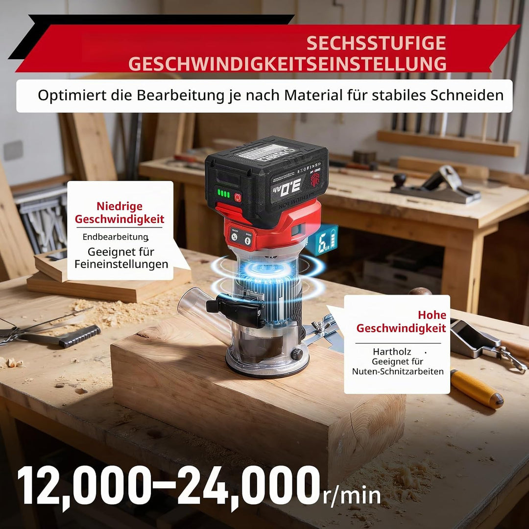ONEVAN Akku Oberfräse mit Display, Kabellose Kantenfräse 6 Stufen Regelung, 30mm Frästiefe, 3 Spannz