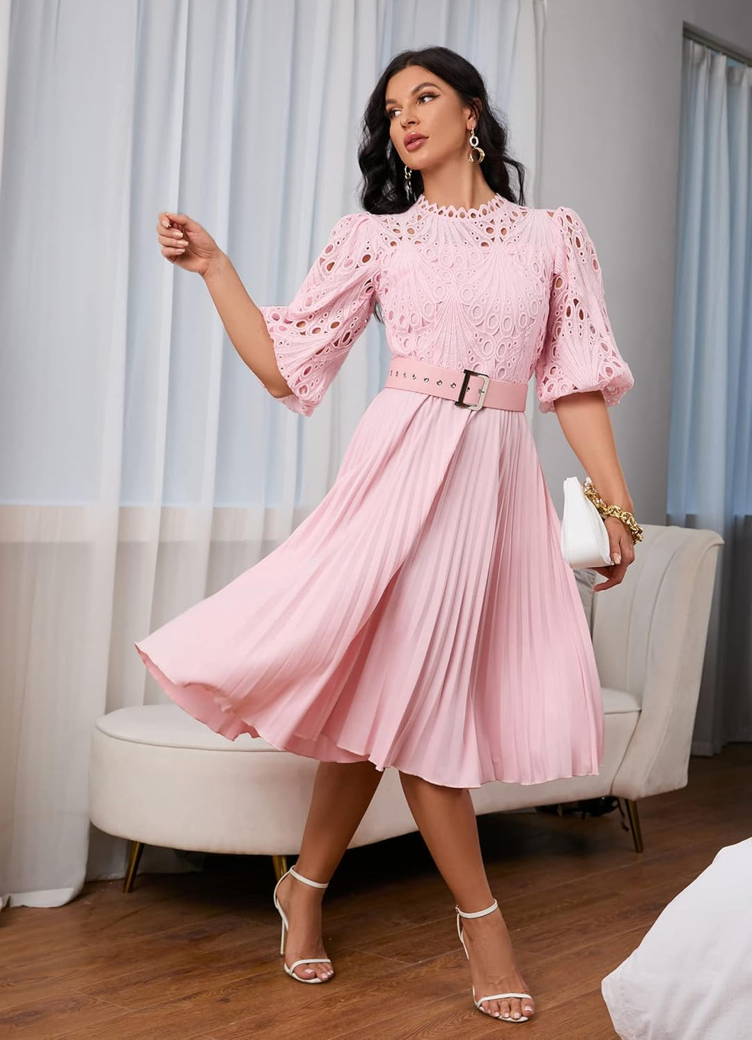 Spitzenkleid, plissiert, Puffärmel, wadenlang, kurze Ärmel, Midi-Kleid, hohles Party-Abendkleid M Ro