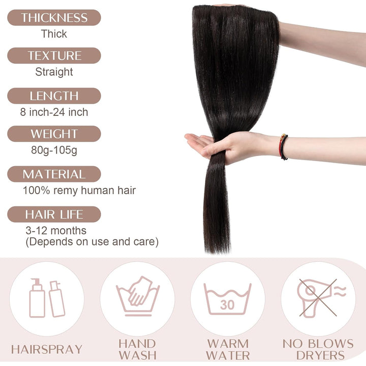 SEGO Haarteil Clip in Extensions Echthaar DICKER Haarverlängerung 1 Tresse 5 Clips Human Hair Glatt