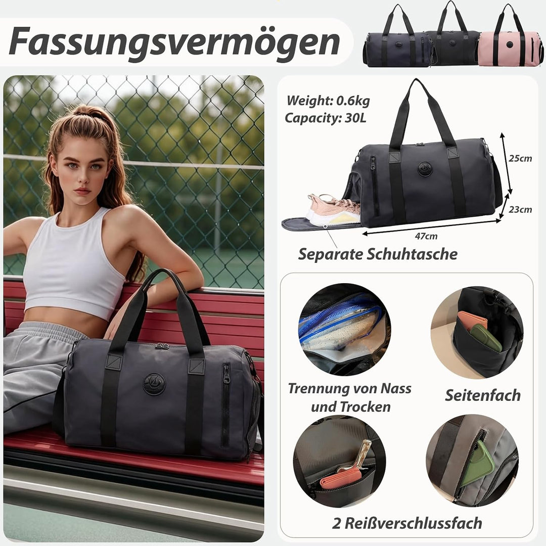 Sporttaschen Reisetaschen, 30L Reisetasche für Damen Herren, Handgepäck Tasche mit Nassfach & Schuhf