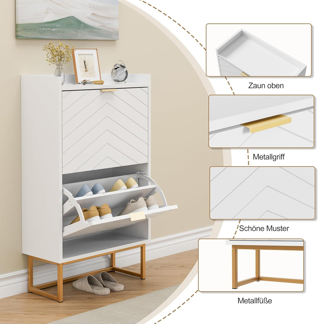 UEV Schuhschrank mit 2 Klappen Schmal, Schuhkipper für Flur Wohnzimmer, Schuhkommode mit Kippschutz,