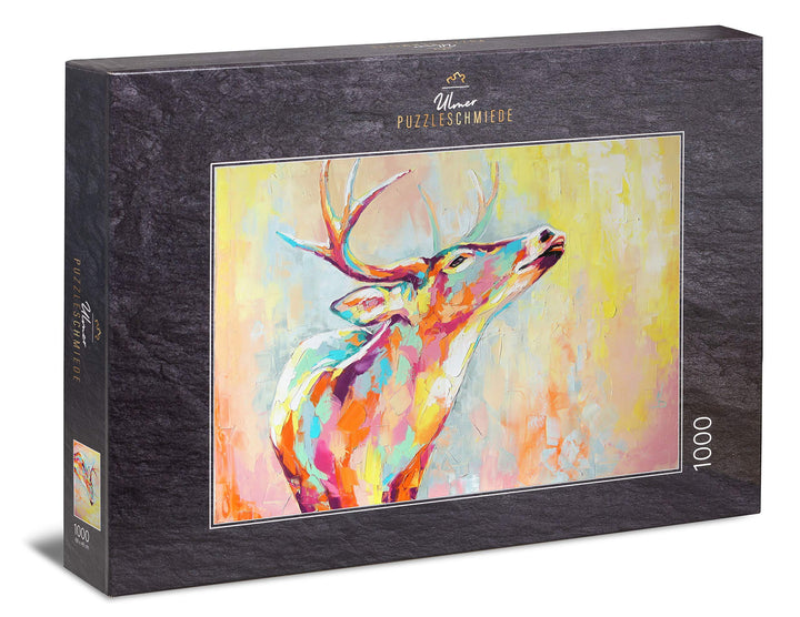 Ulmer Puzzleschmiede - Kunst-Puzzle Bunter Hirsch - modernes Ölgemälde als klassisches 1000 Teile Pu