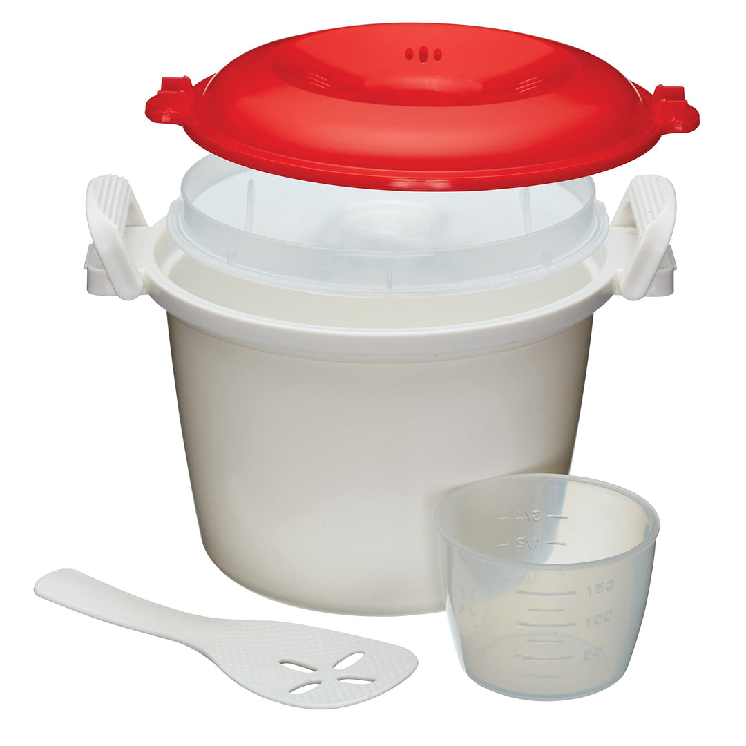 KitchenCraft Reiskocher - Mikrowellen-Dampfgarer, BPA-freier Kunststoff, 1,5 Liter, weiss/rot