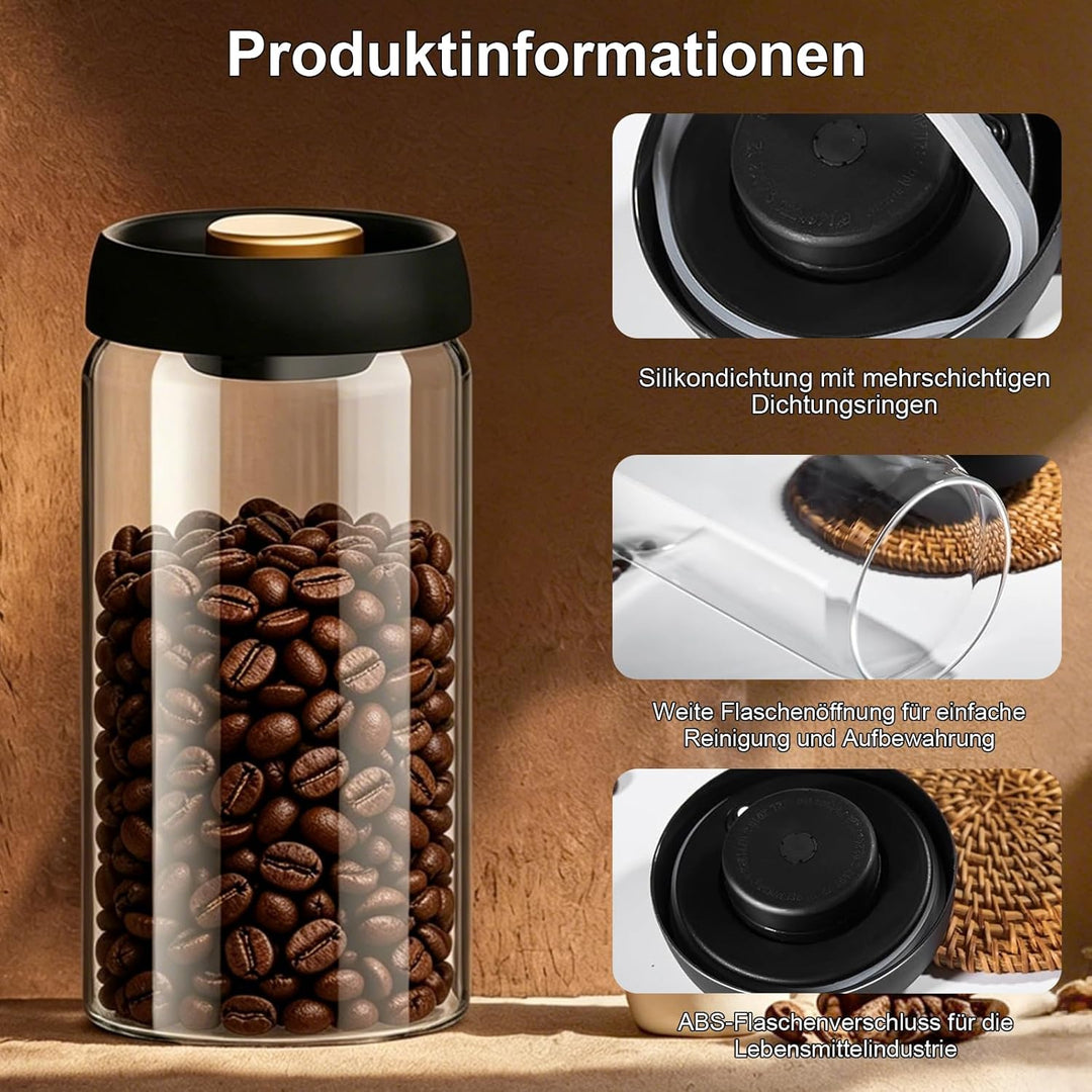 Kaffeedose 1800 ml – Vakuum-Kaffeedose aus Borosilikatglas (schwarz-gold) Kaffeebohnenbehälter, geei