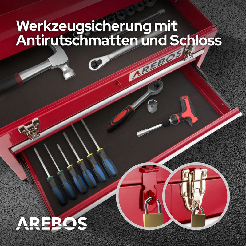 Arebos Werkzeugkoffer mit 3 Schubladen & 2 Ablagefächern | inkl. Tragegriff & Schnappverschlüssen |