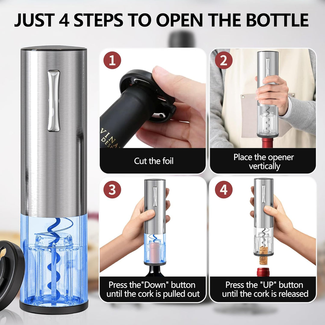 Electric Wine Bottle Opener Set Rechargeable Stainless Steel, 4 in 1 Automatic Electric Corkscrew, A
