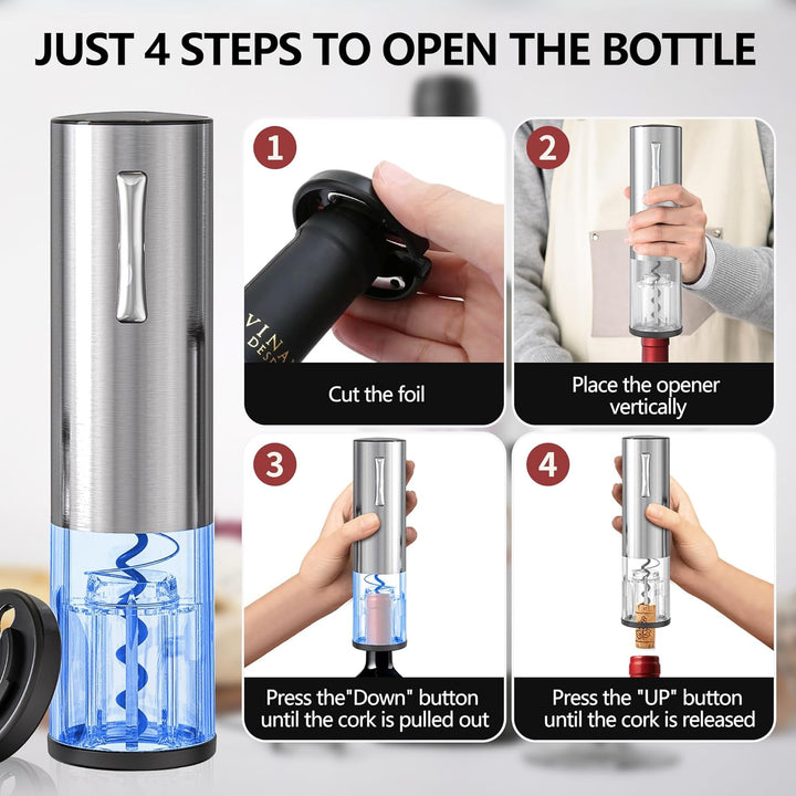 Electric Wine Bottle Opener Set Rechargeable Stainless Steel, 4 in 1 Automatic Electric Corkscrew, A