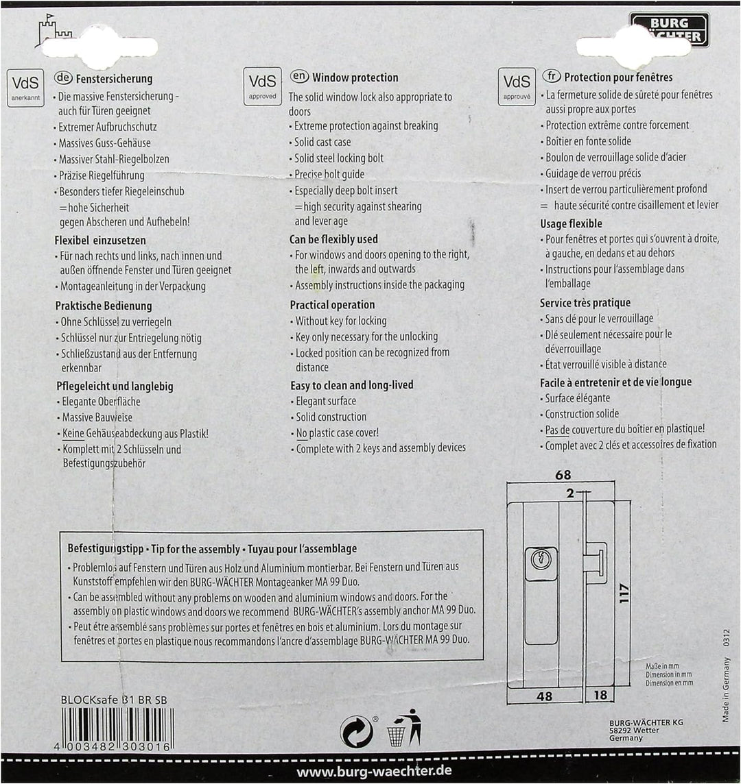 Burg-Wächter, Massive Fenstersicherung, VDs-anerkannt, Präzisions-Zylinderschliesswerk, BlockSafe B1