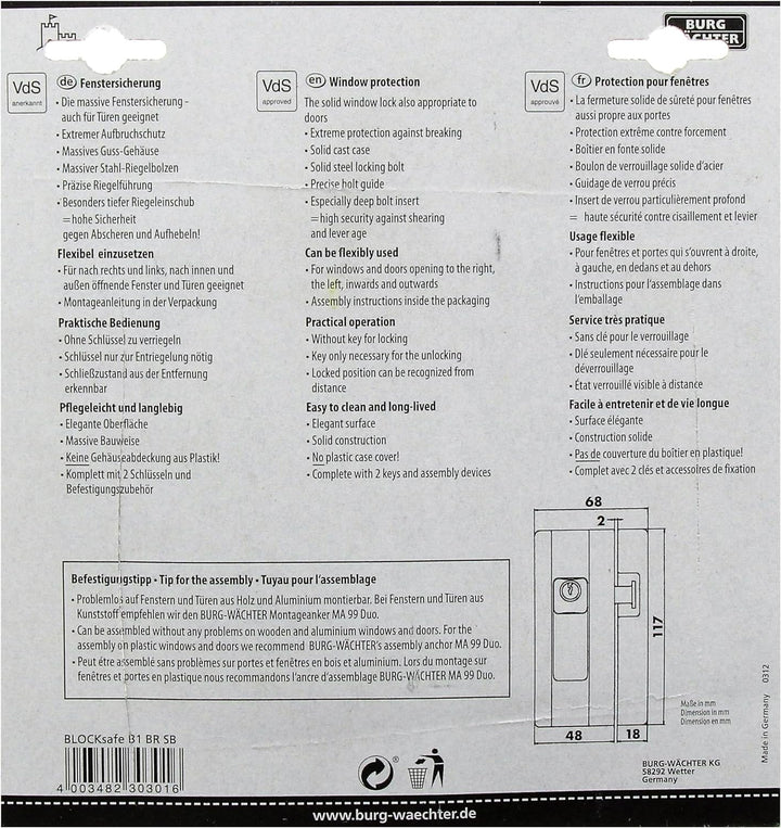 Burg-Wächter, Massive Fenstersicherung, VDs-anerkannt, Präzisions-Zylinderschliesswerk, BlockSafe B1