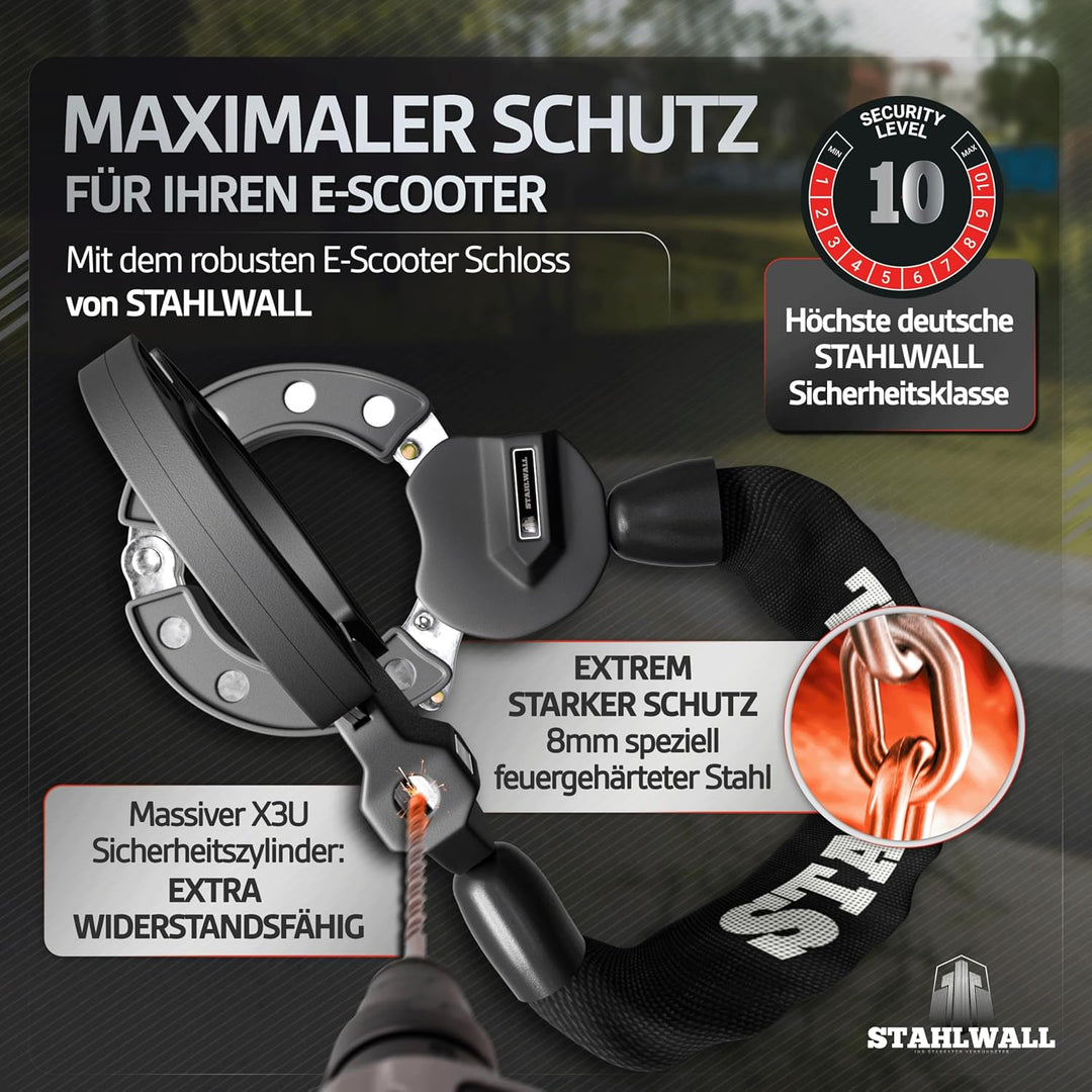 E Scooter Schloss mit Tasche - maximale Sicherheit, feuergehärteter Stahl, Handschellenschloss für E