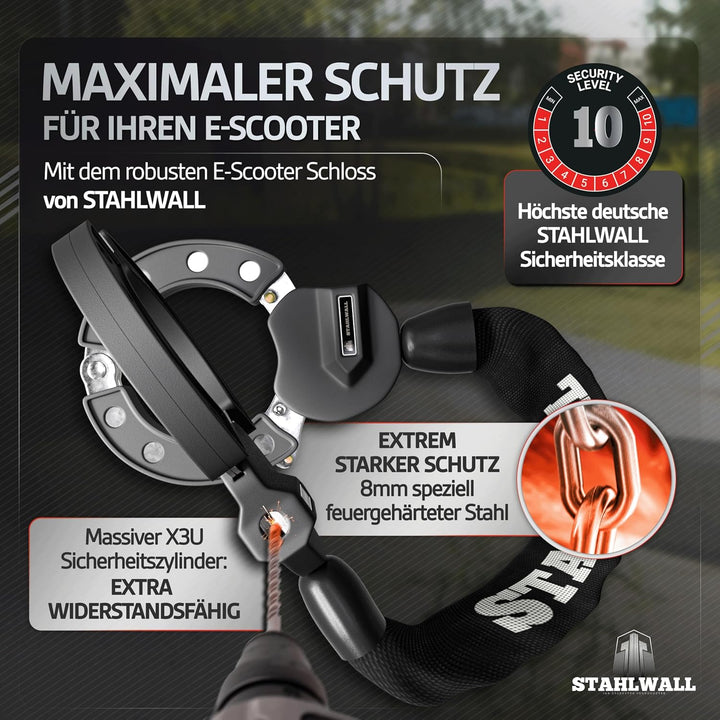E Scooter Schloss mit Tasche - maximale Sicherheit, feuergehärteter Stahl, Handschellenschloss für E