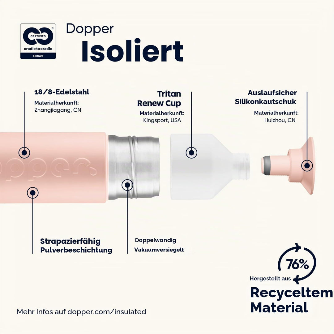 Dopper Insulated 580ml Thermosflasche Pebble Peach - Doppelwandig, auslaufsicher, hält 24h kalt/9h h