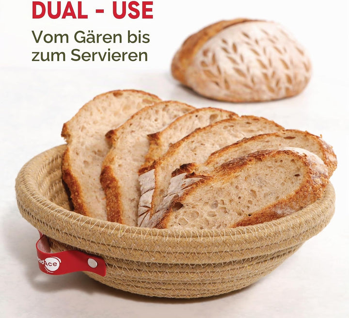 KneadAce Banneton Brotgärkorb-Set aus Baumwollseil, 2 x runder Brotkorb mit Einlagen und Abdeckungen
