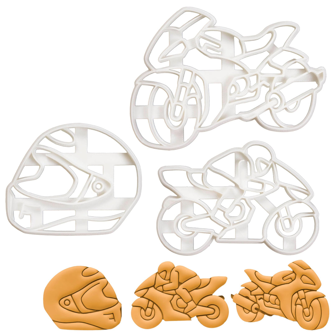 Satz von 3 Motorrad Ausstechformen (Formen: Motorradhelm, Motorradfahrer, und Motorrad) 3 Tiel