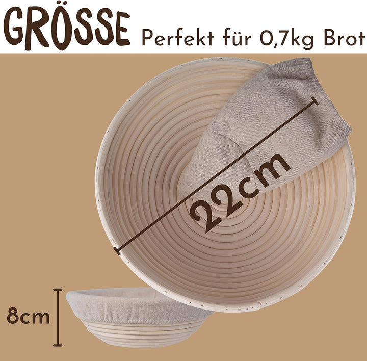 riijk Gärkörbchen + Teigschaber – Der ideale Gärkorb aus natürlichem Peddigrohr (rund, 22 cm) – mit