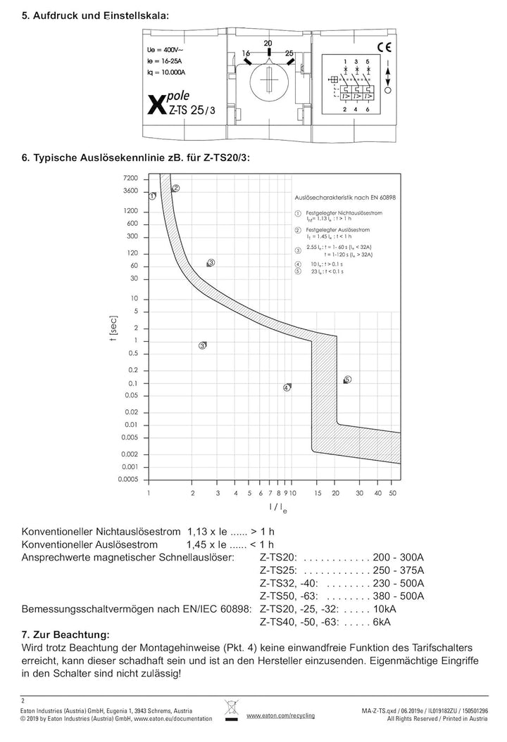 Eaton Z-TS20/3 Tarifschalter 20 A 3-polig 13-20 A Leistungsschalter Motorschutz 266857