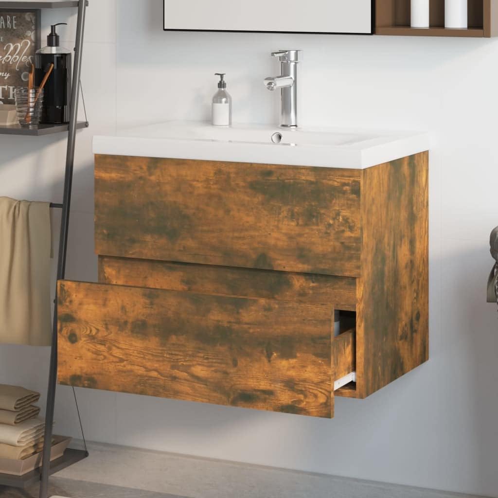 WIFESE Waschbeckenschrank mit Einbaubecken & Wasserhahn 61x39x18,5 cm Räuchereiche Holzwerkstoff Was