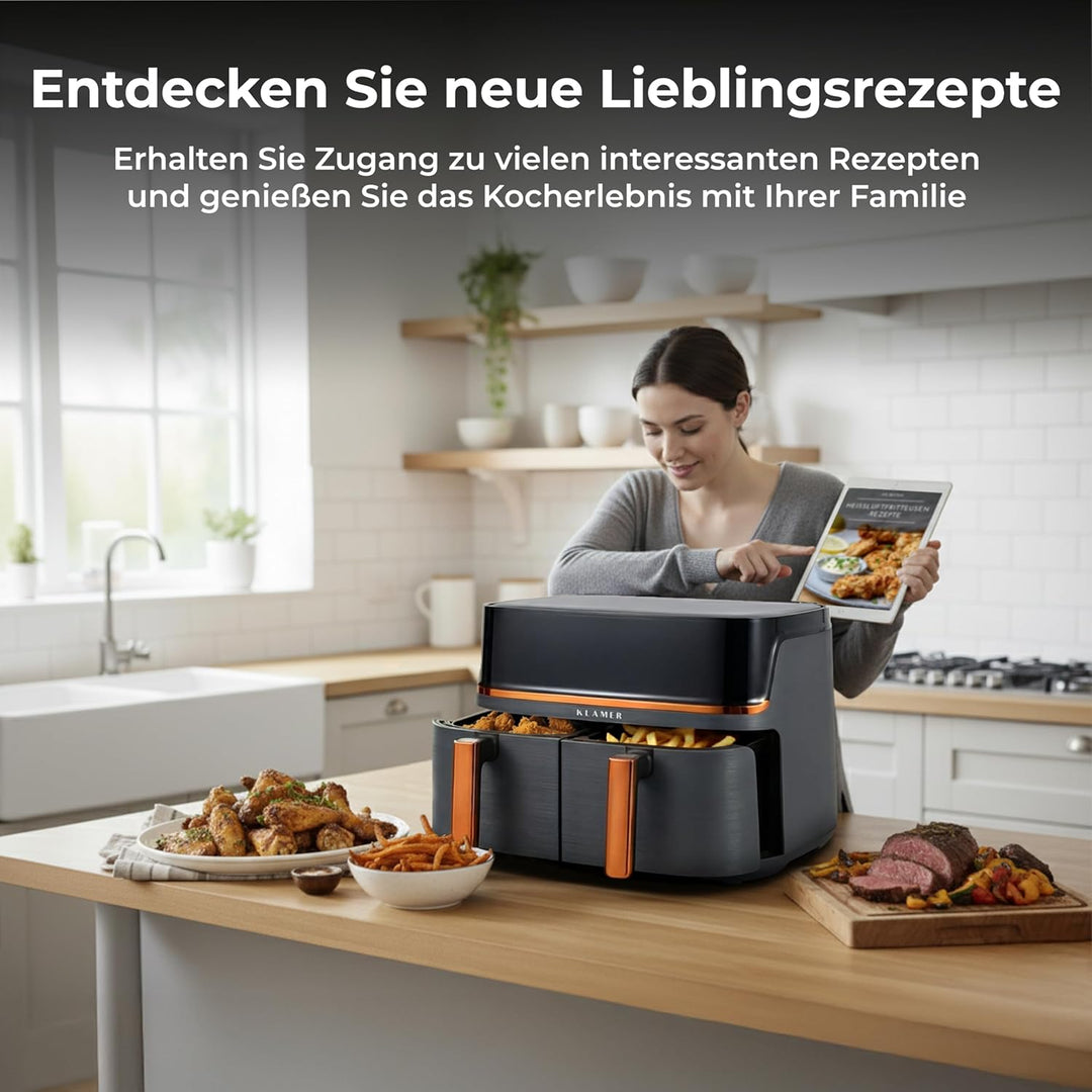 KLAMER Heissluftfritteuse Duo 9 L – Doppelkammer Airfryer mit 2 Körben & Digitaldisplay, 10 Automati