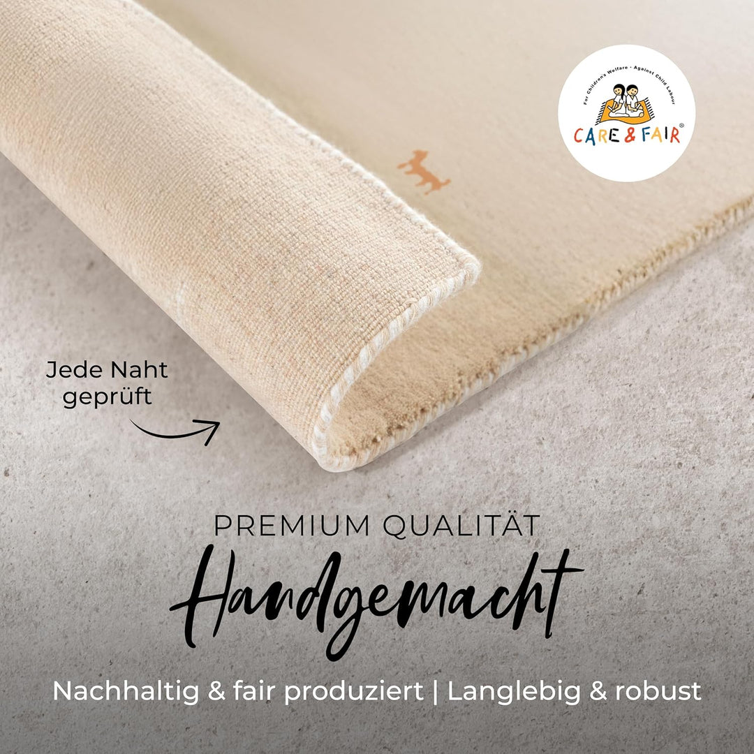 carpetfine Wollteppich Gabbeh Uni Läufer Beige 60x180 cm | Moderner Teppich für Wohn- und Schlafzimm
