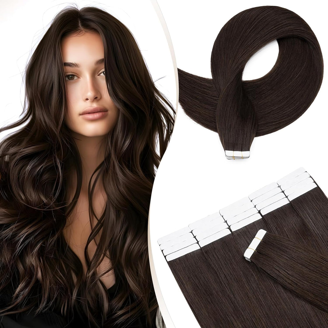 Elailite Echthaar Extensions Tape in #2 Dunkelbraun 20 stück Invisible Kleber Haarverlängerung Klebe