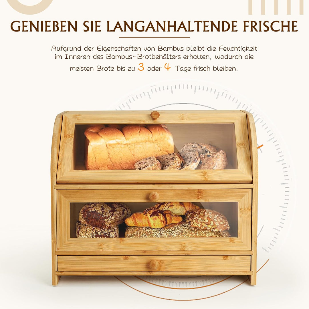 Ribelli Bambus Brotkasten mit 2 Etagen und Schublade, Grosser Brotbehälter mit Brotschneidebrett, Ho