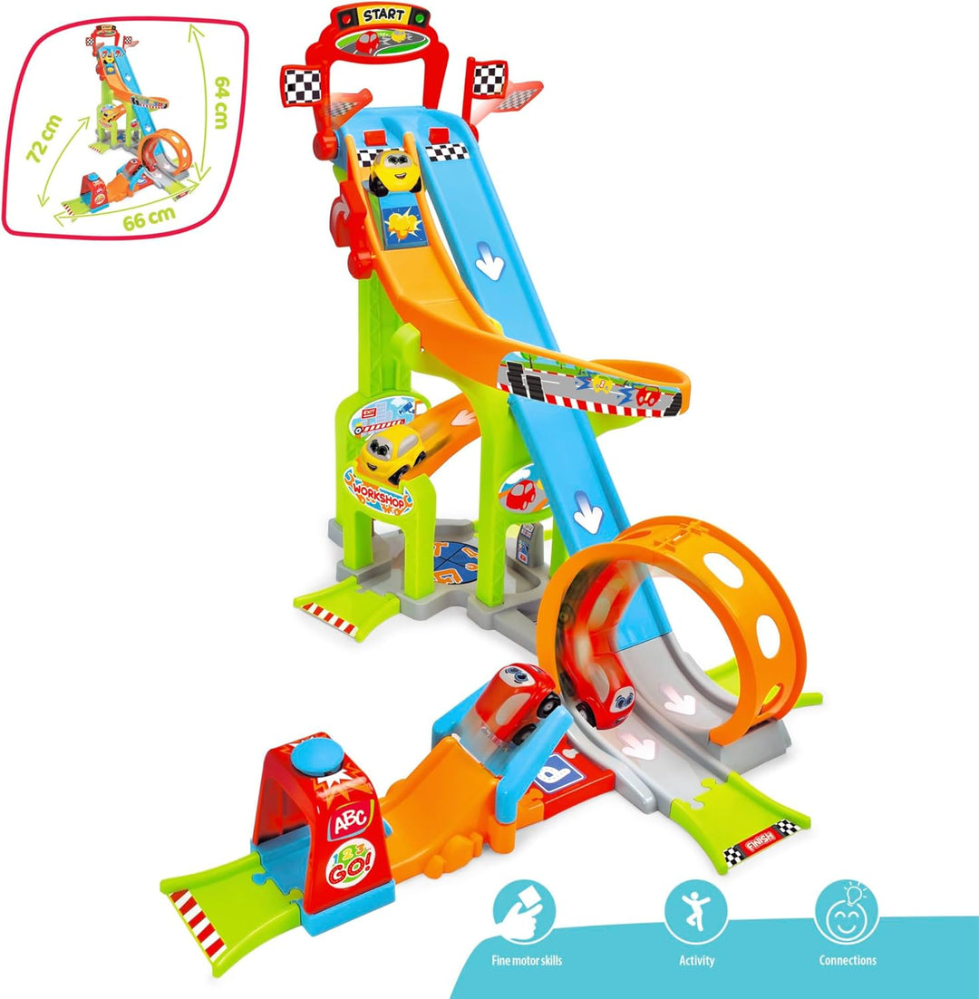 Dickie Toys ABC - Jays Jump N Fun Tower (66x72x64 cm) - Auto-Rennbahn ab 1 Jahr mit Looping, Schanze