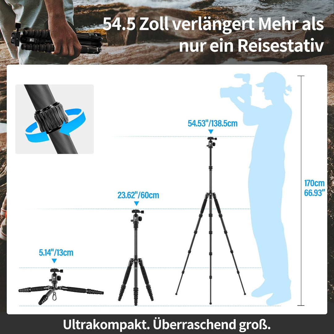 SIRUI AM-5C Carbon Reisestativ, 140cm Kompaktes leichtes Carbon Tripod mit 360° Panorama-Kugelkopf f