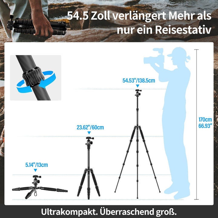 SIRUI AM-5C Carbon Reisestativ, 140cm Kompaktes leichtes Carbon Tripod mit 360° Panorama-Kugelkopf f