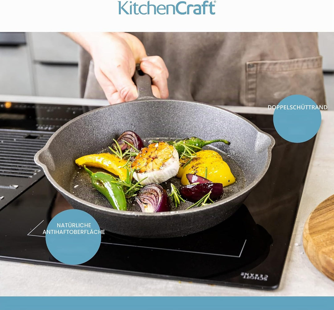 KitchenCraft Gusseiserne Grillpfanne, Induktionssicher, Rund, Gusseisen, 24 cm